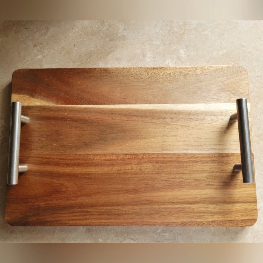 Elegant Wooden Serving Tray with Silver Handles